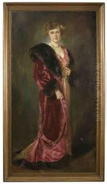 Portrait Of Anelegant Lady Wearing A Red Gown With Fur Trimming As Full-figure Oil Painting by Otto Propheter