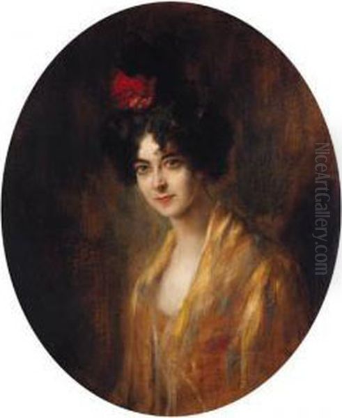 Portrait Of A Lady, Half-length Wearing A Yellow Dress With A Redribbon In Her Hair Oil Painting by Otto Propheter