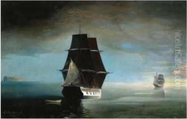 Ships At Sea Oil Painting by Eleni Prosalentis