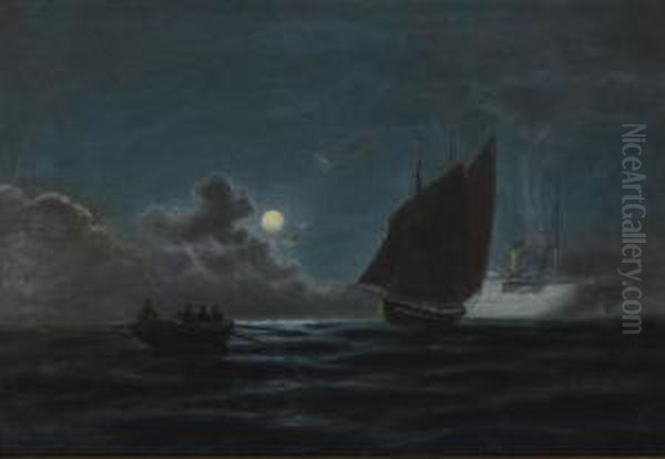 Ships By Moonlight Oil Painting by Emilios Prosalentis