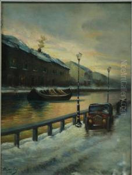 Naviglio In Inverno Oil Painting by Emilios Prosalentis