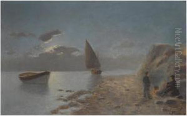 Boats By Moonlight Oil Painting by Emilios Prosalentis