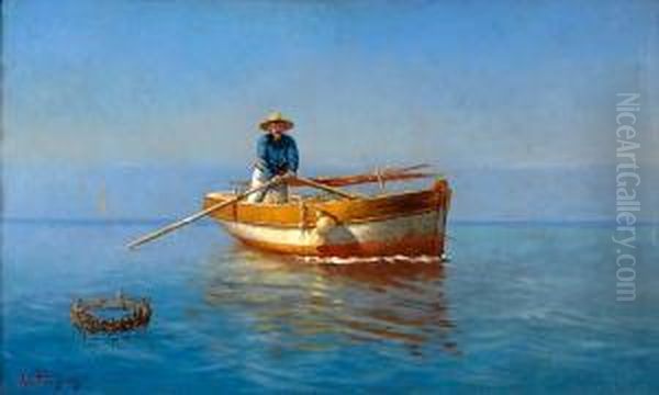 Fisherman On Rowing Boat Oil Painting by Emilios Prosalentis