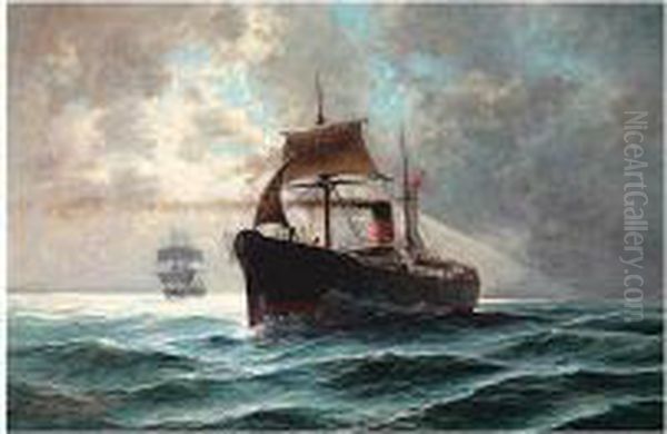 Ships At Sea Oil Painting by Pavlo Prosalentis