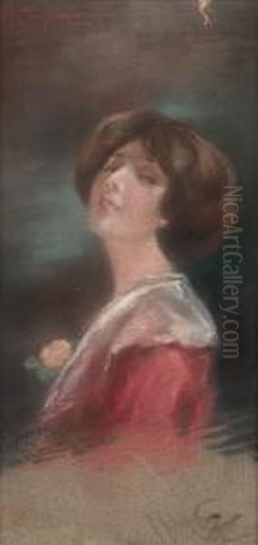 Portrait Of A Girl With A Red Dress And Orange Flower Oil Painting by Spyridon Prosalentis