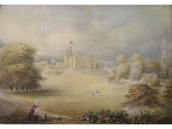 Highclere Castle From The Grounds With Figures Inforeground Oil Painting by George Frederick Prosser