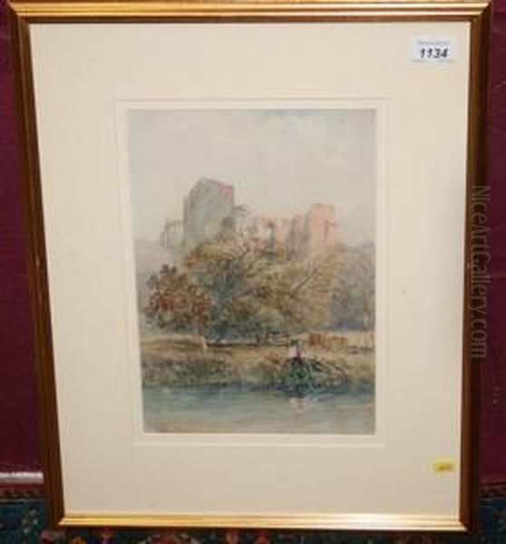 Fisherman Beside Ariver With Ruins Beyond Oil Painting by John Skinner Prout