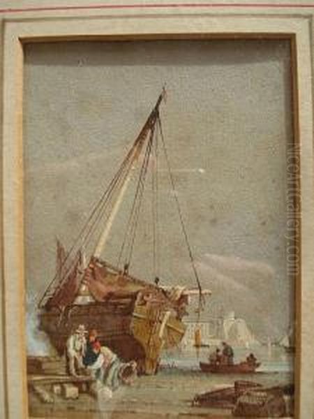 Beached Fishing Boat With Figuresworking Oil Painting by John Skinner Prout