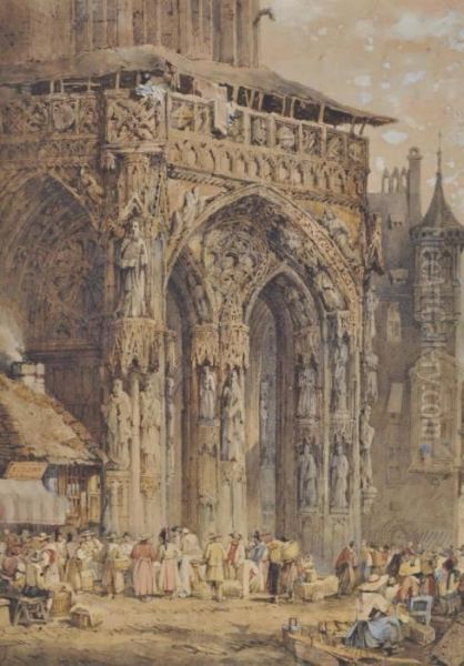 Street Market Outside A Cathedral Oil Painting by Samuel Prout