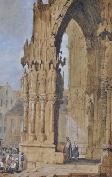 Figures On The Steps Of Ratisbonne Cathedral Oil Painting by Samuel Prout