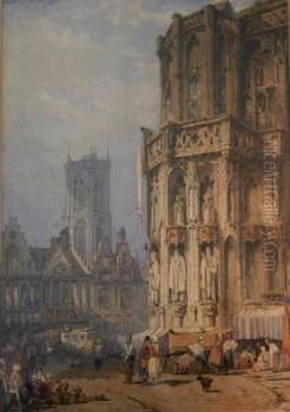 Figures In A Town Square Oil Painting by Samuel Prout