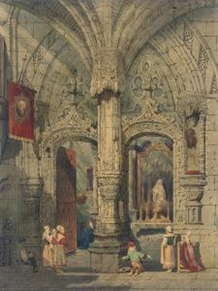 Figures In A Cathedral Interior Oil Painting by Samuel Prout