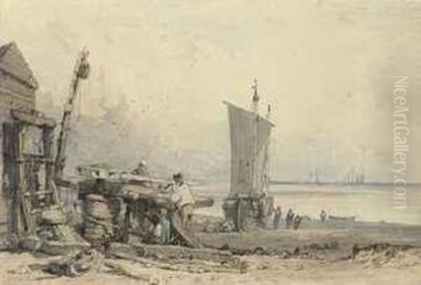 Fisherfolk Conversing On The Foreshore Oil Painting by Samuel Prout