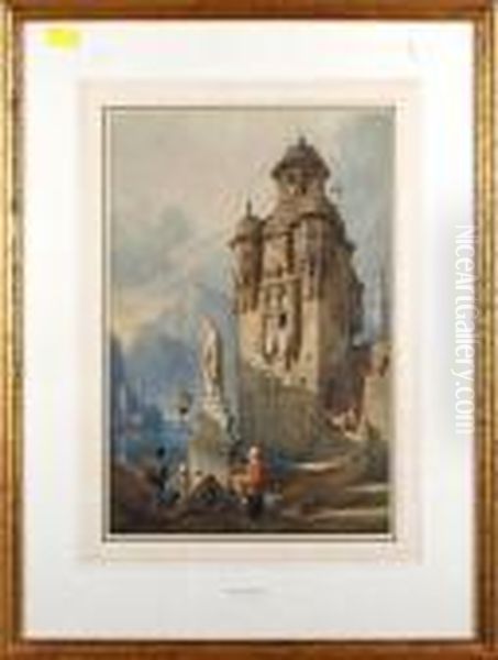 Figures By A Continental Lakeside Tower Oil Painting by Samuel Prout