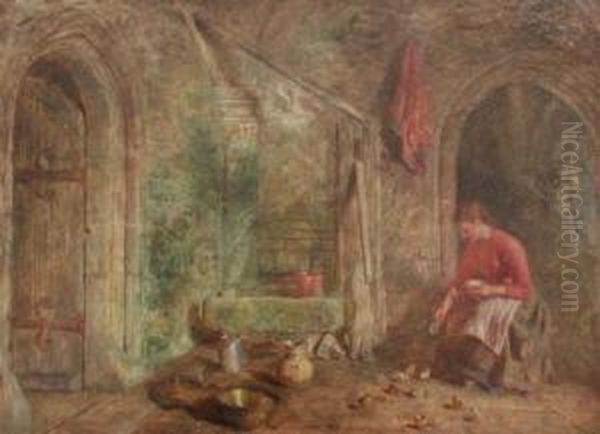 Interior With Woman Feeding Chicks Oil Painting by Alfred Provis