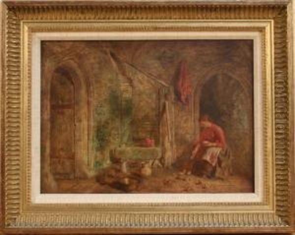 Woman Feeding Chicks On A Flagstone Floor Oil Painting by Alfred Provis