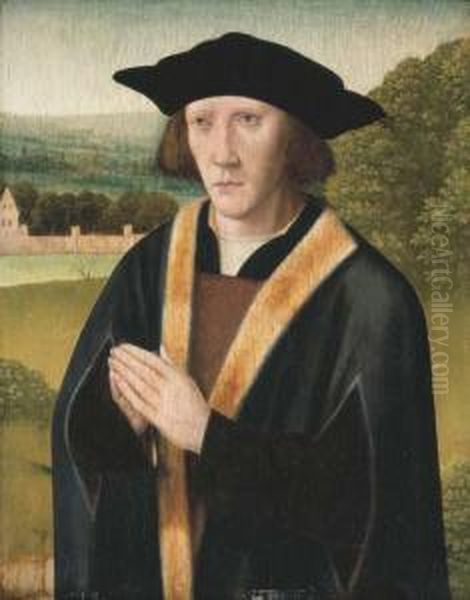 Portrait Of A Donor, Half-length, In A Fur Trimmed Robe, In Alandscape Oil Painting by Jan Provost