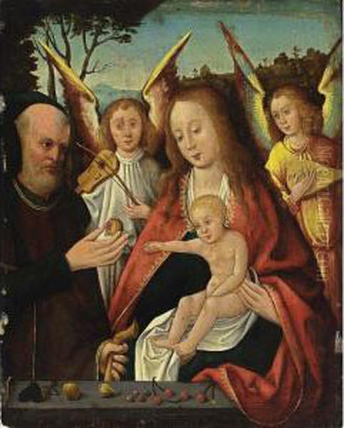 The Holy Family With Angels Making Music In A Landscape Oil Painting by Jan Provost