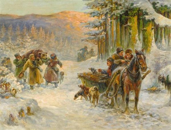 A Bear Hunt In Russia Oil Painting by Gustav Prucha