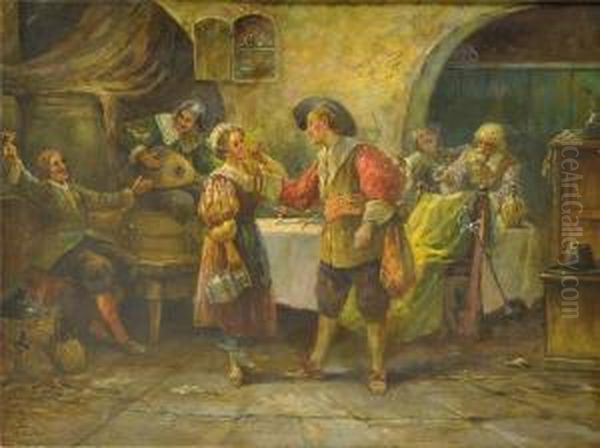 Heiterestrinkgelage In Einem Weinkeller. Oil Painting by Gustav Prucha