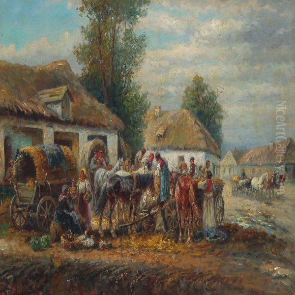 Village Scene With A Street Market Oil Painting by Gustav Prucha