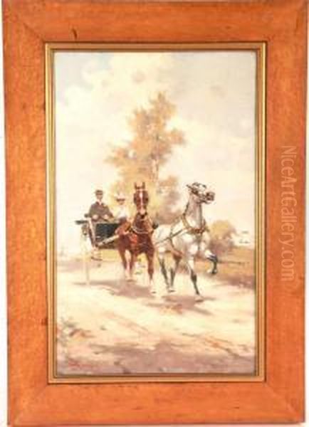 A Couple In A Horse Drawn Carriage Oil Painting by Gustav Prucha