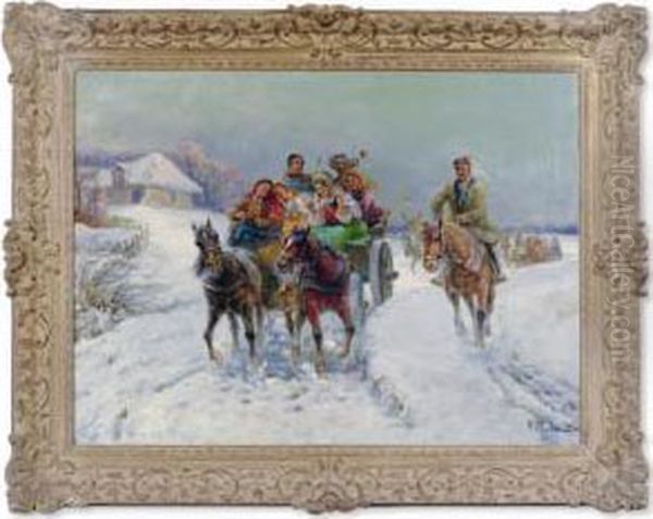 Merry Musicians In A Winter Landscape Oil Painting by Gustave Prusha