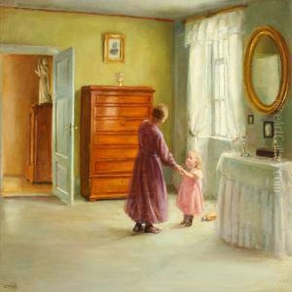 Interior With Mother And Daughter By A Window Oil Painting by Caja Prytz