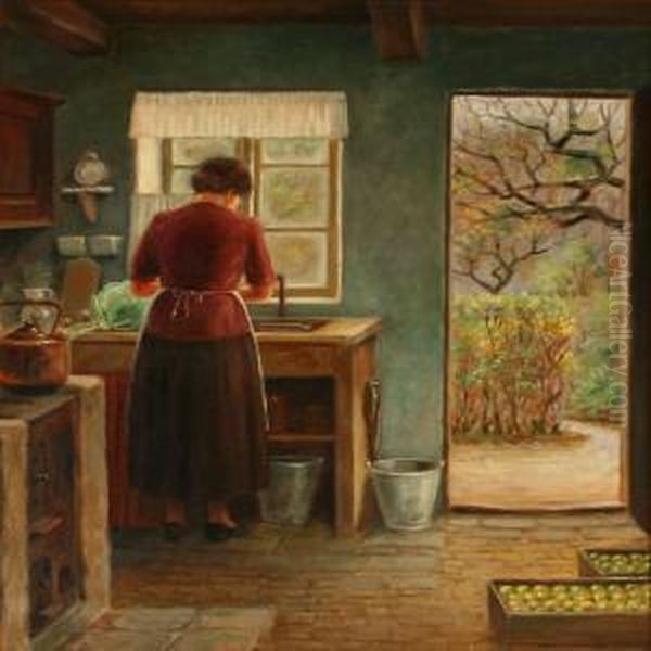 Kitchen Interior With A Lady At The Sink Oil Painting by Caja Prytz