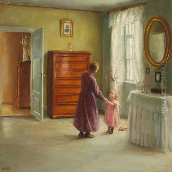 Interior With Mother Anddaughter Oil Painting by Caja Prytz