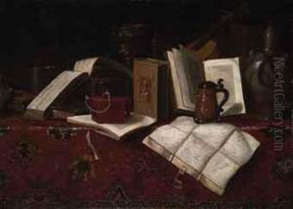 Books, A Silver Beaker, A Gilt Cup, A Candle, A Violin, And Othervessels, On A Carpet-draped Table Oil Painting by Pseudo Roestraten