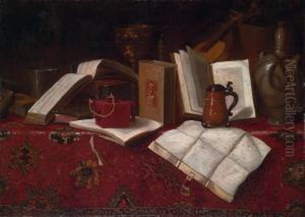 Books, A Silver Beaker, A Gilt Cup, A Candle, A Violin, And Other Vessels, On A Carpet-draped Table Oil Painting by Pseudo Roestraten