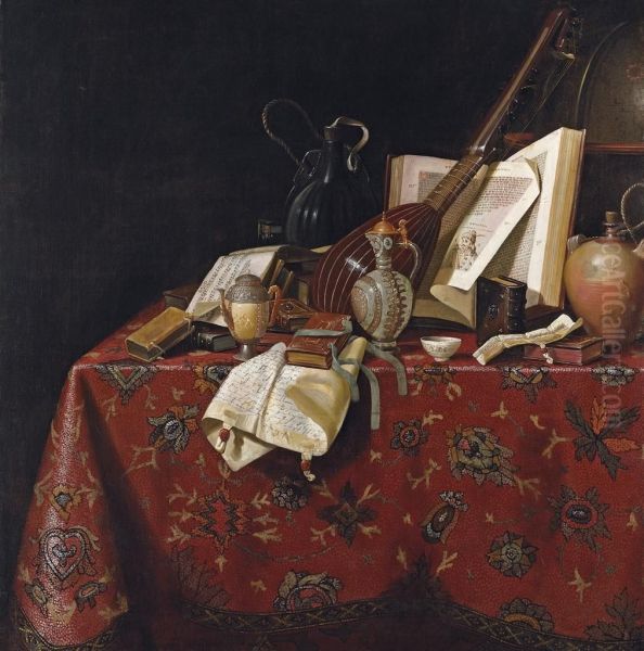 A Therbo, Books, Letters, An Open Music Book, Water Ewers, A Smallbowl, An Hourglass, Water Jugs And A Terrestrial Globe Oncarpet-covered Table In An Interior Oil Painting by Pseudo Roestraten