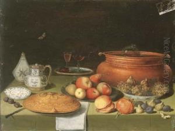 Porcelaine, Verres, Un Chaudron, Des Fruits Et Autres Objets Sur Une Table Drapee Oil Painting by Pseudo Van Kessel