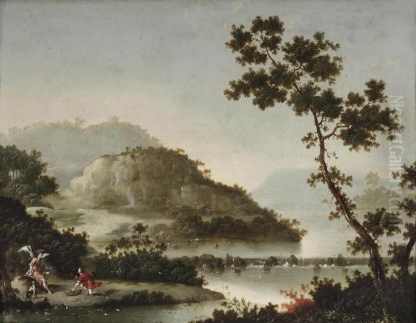 A Hilly River Landscape With Tobias And The Archangel Raphael Oil Painting by Pseudo-Moucheron