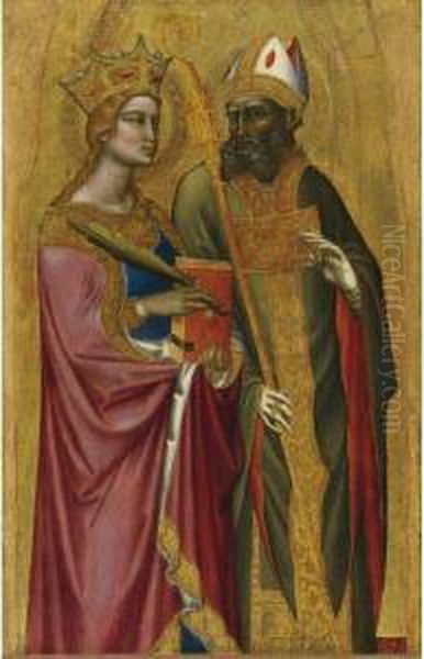 Saint Catherine And A Bishop Saint, Possibly Saint Regulus Oil Painting by Angelo Puccinelli