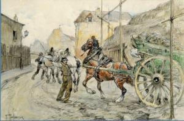 Chevaux Trainant Un Chariot Oil Painting by Frederic Puechmagre