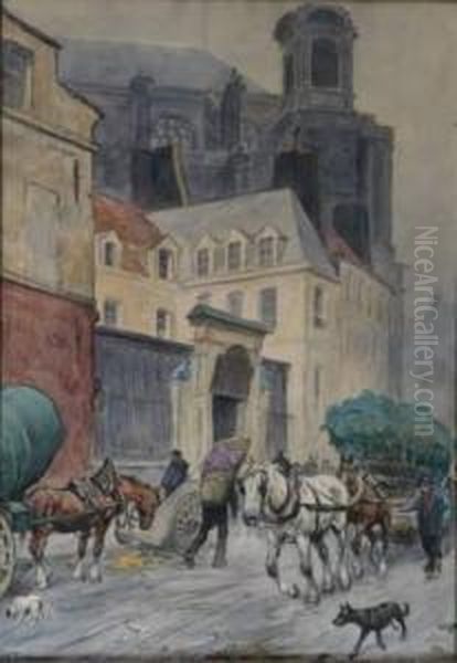 Au Pied De L'eglise Saint Sulpice Oil Painting by Frederic Puechmagre