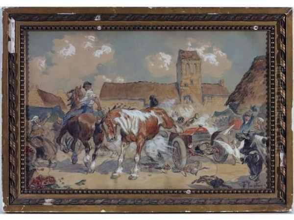 Cheval Ruant Sur Un Automobilistequi Klaxone Oil Painting by Frederic Puechmagre