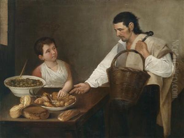 A Fishmonger With Another Figure In An Interior Oil Painting by Antonio Puga