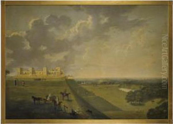 View Of Windsor Castle, The Earl And Countess Of Pomfret Introducedto The Artist In The Foreground Oil Painting by Herbert Pugh