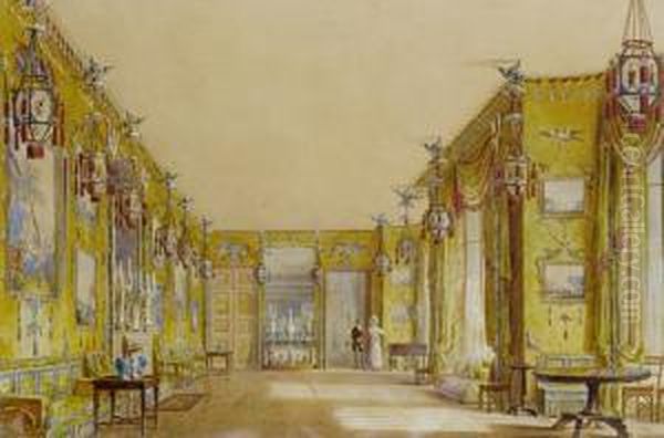 The Yellow Drawing Room, Royal Pavilion, Brighton Oil Painting by Augustus Charles Pugin