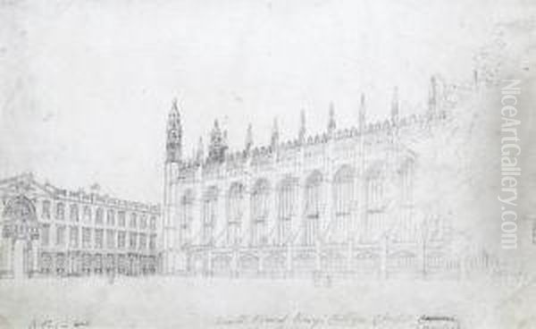 The South View, The South Porch And An Interior View Of King's College Chapel, Cambridge, A Set Of Three Studies Oil Painting by Augustus Charles Pugin