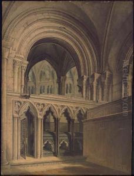 Interior Of Gloucester Cathedral Oil Painting by Augustus Northmore Welby Pugin