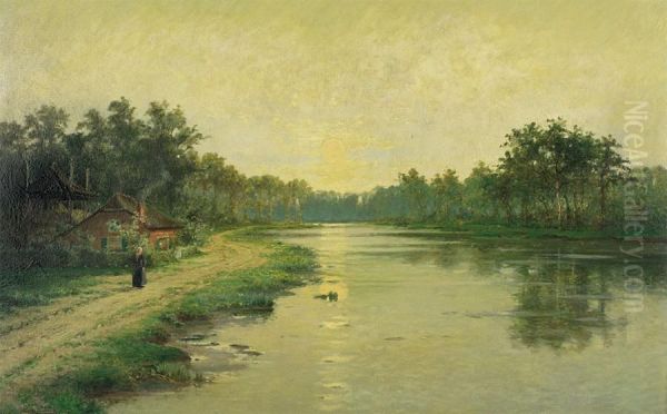 Water Landscape With Woman In Front Of The Farmhouse Oil Painting by Louis Pulinckx