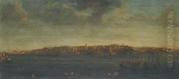 Views The Grand Harbour At Valletta And Environs Comprising Oil Painting by To Alberto Pullicino