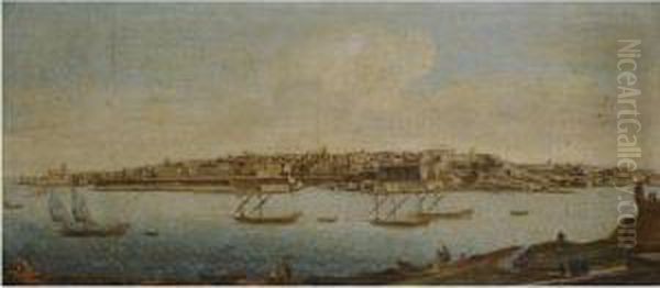 Malta, A View Of Valetta From Marsamxett Harbour Oil Painting by To Alberto Pullicino