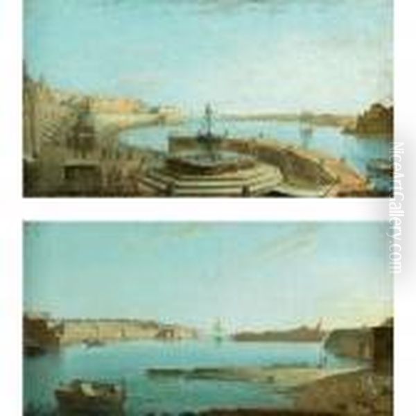 A View Of Valetta Harbour, Malta, From The Neptune Fountain; A Panoramic View Of Valetta Harbour Oil Painting by Giorgio Pullicino