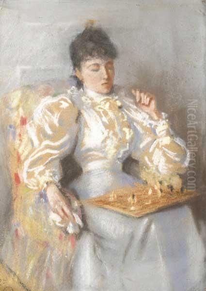 Seated Lady Playing Chess Oil Painting by Sarah Henrietta Purser