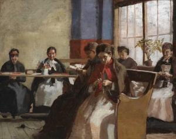 A Group Knitting Oil Painting by Sarah Henrietta Purser